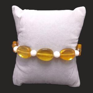 Yellow Chalcedony Beaded Bracelet Artisan Honey Gemstone White Agate Stretch NEW
